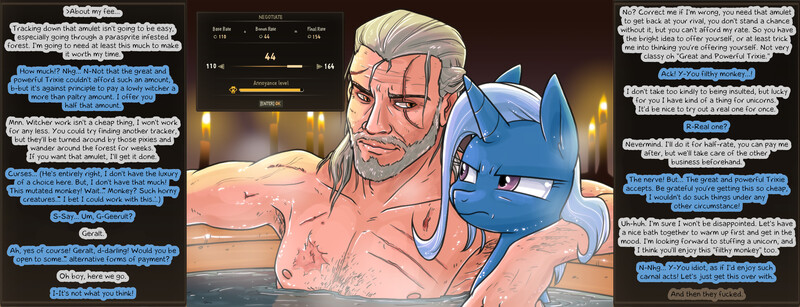 Size: 3000x1150 | Tagged: questionable, artist:equestria-prevails, edit, trixie, human, pony, unicorn, annoyed, bath, beard, chest hair, crossover, eye contact, eye scar, facial hair, female, frown, geralt of rivia, glare, hentai caption, hot tub, implied human on pony action, implied interspecies, implied sex, jerk off encouragement, joi/e, lidded eyes, looking at each other, male, mare, negotiating, nudity, prostitution, roach, scar, smiling, smirk, straight, text, text edit, the witcher, the witcher 3, unamused, water, wet, wet mane