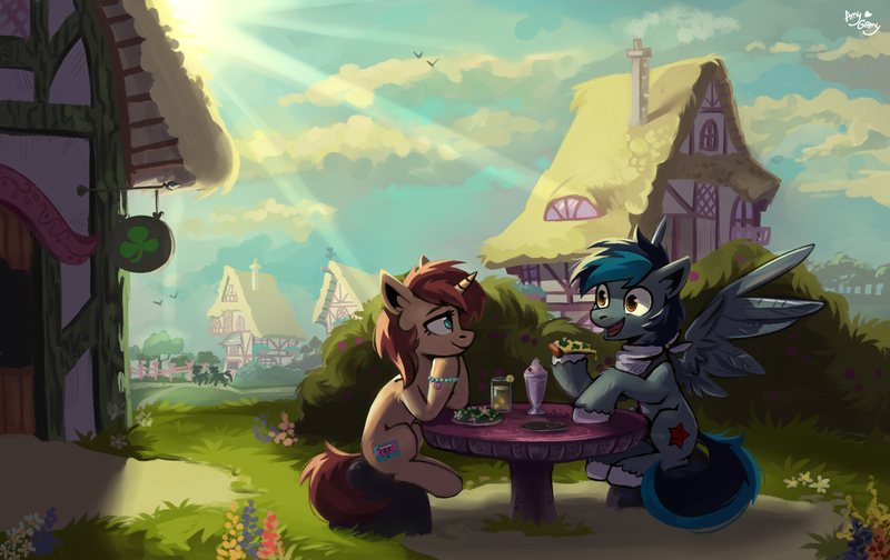 Size: 2600x1638 | Tagged: safe, artist:amy-gamy, oc, unofficial characters only, pegasus, pony, unicorn, braclets, clothes, crepuscular rays, cutie mark, duo, food, looking at each other, outdoors, pizza, scarf, sign, sitting, smiling