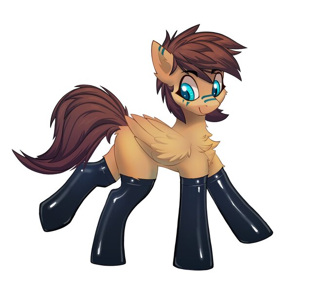 Size: 2250x2127 | Tagged: safe, alternate version, artist:pony-butt-express, derpibooru import, oc, oc:kuri, unofficial characters only, pegasus, pony, butt fluff, chest fluff, clothes, female, image, jpeg, latex, looking back, mare, simple background, smiling, socks, solo, style emulation, thigh highs, white background, wings