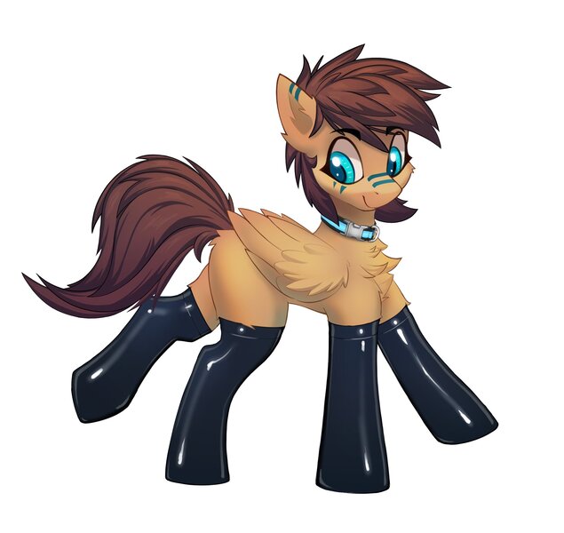 Size: 2250x2127 | Tagged: safe, alternate version, artist:pony-butt-express, oc, oc:kuri, unofficial characters only, pegasus, pony, butt fluff, chest fluff, clothes, collar, female, latex, looking back, mare, simple background, smiling, socks, solo, style emulation, thigh highs, white background, wings