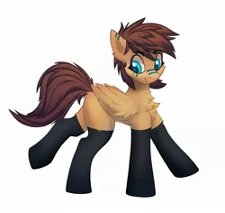 Size: 2250x2127 | Tagged: safe, alternate version, artist:pony-butt-express, oc, oc:kuri, unofficial characters only, pegasus, pony, butt fluff, chest fluff, clothes, female, looking back, mare, simple background, smiling, socks, solo, style emulation, thigh highs, white background, wings