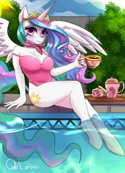 Size: 2000x2760 | Tagged: alicorn, anthro, artist:caliluminos, beautisexy, breasts, clothes, fanart, female, hot, one-piece swimsuit, pink swimsuit, princess celestia, public, relaxing, safe, sexy, swimsuit, unguligrade anthro
