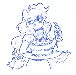 Size: 1019x1000 | Tagged: safe, artist:dawnfire, oc, oc:cinnabyte, unofficial characters only, anthro, earth pony, birthday, birthday cake, blush sticker, blushing, cake, female, food, glasses, image, jpeg, looking at you, monochrome, one eye closed, patreon, patreon reward, signature, simple background, solo, tongue out, white background, wink
