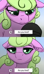 Size: 1417x2362 | Tagged: safe, artist:compound lift, artist:compoundlift, daisy, flower wishes, ponified, earth pony, pony, dialogue, drawthread, ear fluff, female, interview, looking at you, mare, meme, microphone, ponified meme, question, solo, tired