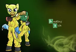 Size: 1791x1240 | Tagged: safe, artist:compound lift, artist:compoundlift, oc, oc:golden touch, oc:greenlight, unofficial characters only, pegasus, pony, /mlp/, 4chan, bipedal, breaking bad, fourcannon, glasses, gun, handgun, hazmat suit, looking at you, male, pistol, stallion, weapon