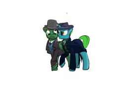 Size: 1791x1240 | Tagged: safe, artist:compound lift, artist:compoundlift, oc, oc:detective hardboil, oc:greenlight, unofficial characters only, pegasus, pony, /mlp/, 4chan, clothes, coat, duo, facial hair, fourcannon, glasses, hat, john watson, male, moustache, sherlock holmes, simple background, stallion, white background