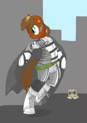 Size: 1377x1929 | Tagged: safe, artist:compound lift, artist:compoundlift, oc, oc:feldspar, unofficial characters only, earth pony, pony, semi-anthro, /mlp/, 4chan, bipedal, bodysuit, cardboard box, female, fourcannon, mare, metal gear, metal gear solid, metal gear solid 3, the boss