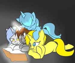 Size: 1200x1000 | Tagged: safe, artist:star, oc, oc:able tome, oc:glacial shroud, oc:sunshower, unofficial characters only, pony, unicorn, /mlp/, 4chan, book, family, female, fourcannon, horn, lying down, lying on top of someone, magic, male, mare, reading, sleeping, stallion, telekinesis