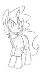 Size: 700x1000 | Tagged: safe, artist:star, oc, oc:star, unofficial characters only, pony, unicorn, clothes, construction lines, grayscale, horn, male, monochrome, open mouth, simple background, sketch, solo, stallion, white background