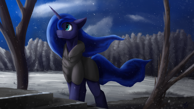 Size: 3840x2160 | Tagged: safe, artist:tenebrisnoctus, princess luna, alicorn, pony, clothes, cloud, coat, forest, sky, snow, solo, tree