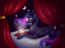 Size: 1080x801 | Tagged: safe, artist:rxndxm.artist, princess luna, alicorn, pony, commission, crescent moon, crystal ball, ethereal mane, female, galaxy mane, lying down, mare, missing accessory, moon, prone, solo, stars, ych example, your character here