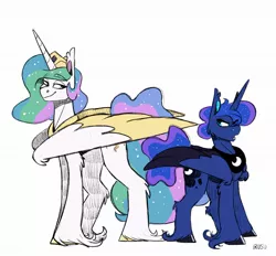 Size: 2048x1899 | Tagged: safe, artist:lrusu, princess celestia, princess luna, alicorn, pony, brothers, colored wings, duo, eye clipping through hair, eyebrows, large wings, lidded eyes, looking at each other, male, multicolored wings, prince artemis, prince solaris, royal brothers, rule 63, siblings, simple background, smiling, stallion, unshorn fetlocks, white background, wings