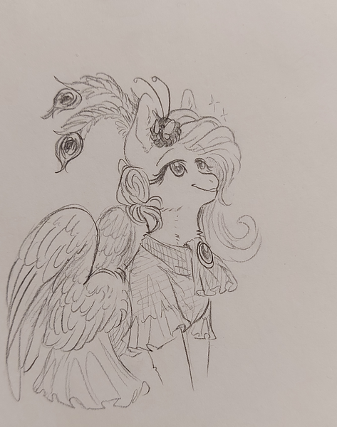 Size: 945x1200 | Tagged: artist:hkpegasister, clothes, dress, fluttershy, gala dress, grand galloping gala, monochrome, pegasus, pencil drawing, safe, smiling, solo, traditional art