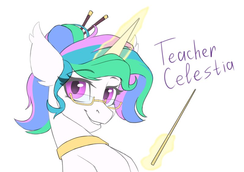 Size: 2560x1804 | Tagged: safe, artist:strafe blitz, princess celestia, pony, alternate hairstyle, bust, cute, cutelestia, ear fluff, female, hair bun, magic, mare, pointer, portrait, simple background, smiling, solo, teacher, telekinesis, white background