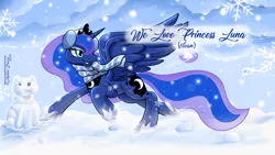 Size: 1200x675 | Tagged: safe, artist:sonicsweeti, princess luna, alicorn, pony, clothes, collar, commission, crown, cutie mark, digital art, female, headset, hooves, horn, jewelry, mare, regalia, scarf, snow, snowball, snowfall, snowflake, snowman, solo, spread wings, tail, text, wings