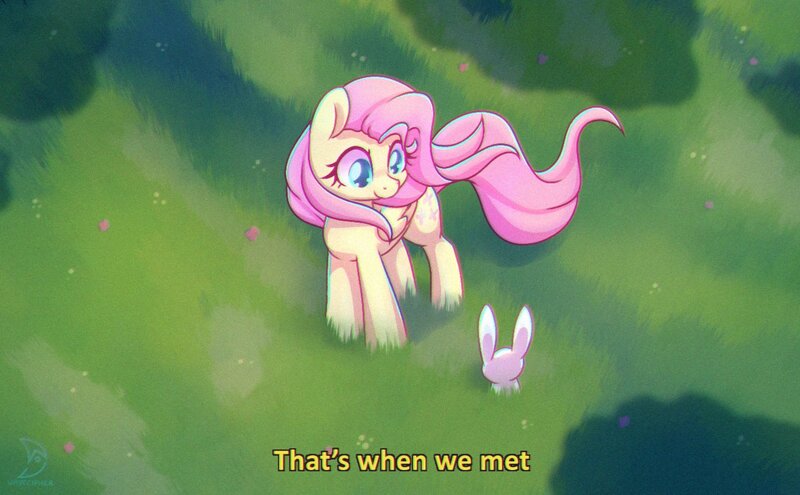 Size: 1284x794 | Tagged: safe, artist:musicfirewind, angel bunny, fluttershy, pegasus, pony, rabbit, animal, cute, duo, female, folded wings, grass, head turned, looking at each other, looking at someone, mare, outdoors, shyabetes, smiling, standing, subtitles, wind, windswept mane, windswept tail, wings