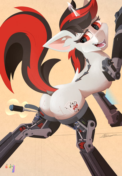 Size: 2700x3900 | Tagged: suggestive, artist:pedalspony, derpibooru import, oc, oc:blackjack, unofficial characters only, cyborg, pony, unicorn, fallout equestria, fallout equestria: project horizons, butt, dock, fanfic art, image, looking back, magic, maintainance, maintenance, open mouth, plot, png, screwdriver, stupid sexy blackjack, tail, teeth