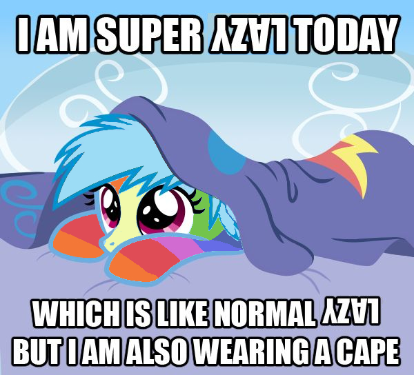 Size: 600x544 | Tagged: safe, artist:sketchyjackie, edit, rainbow dash, pegasus, pony, bed, blanket, caption, cloud, female, filly, image macro, impact font, laying on bed, laying on stomach, lazy, on bed, reverse colors, solo, text, younger