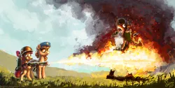 Size: 1200x606 | Tagged: safe, artist:nemo2d, apple bloom, copper top, earth pony, pony, bipedal, burning, female, filly, fire, flamethrower, furry, grass, hat, helmet, on fire, police hat, smiling, smoke, sunglasses, weapon, yiff in hell furfag