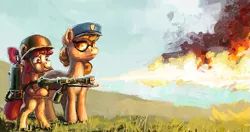 Size: 633x334 | Tagged: safe, artist:nemo2d, edit, apple bloom, copper top, earth pony, pony, bipedal, cropped, female, filly, fire, flamethrower, grass, hat, helmet, police hat, smiling, sunglasses, weapon