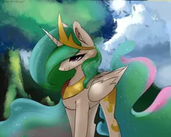 Size: 3300x2655 | Tagged: safe, artist:therealf1rebird, derpibooru import, princess celestia, alicorn, pony, ear fluff, female, horn, image, mare, png, sky, solo, tree, wings