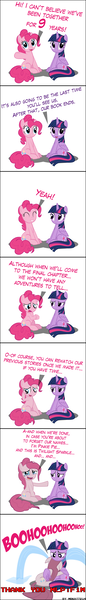 Size: 4000x28000 | Tagged: safe, artist:mrkat7214, pinkie pie, twilight sparkle, twilight sparkle (alicorn), alicorn, earth pony, pony, 12/16/17, absurd resolution, c:, comic, crying, cute, dialogue, end of ponies, eye contact, eyes closed, feels, female, floppy ears, frown, grin, hooves together, hug, lidded eyes, looking at each other, looking at you, looking down, mare, ocular gushers, open mouth, pinkamena diane pie, pointing, sad, series finale blues, simple background, smiling, squee, teary eyes, text, underhoof, waving, white background, winghug, worried