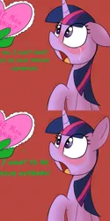 Size: 795x1587 | Tagged: safe, artist:datte-before-dawn, edit, twilight sparkle, oc, oc:anon, human, pony, unicorn, bait and switch, blushing, comic, crying, dialogue, featured image, female, floppy ears, frown, happy ending, holiday, image, male, mare, open mouth, png, red background, rejection, sad, shivering, simple background, unicorn twilight, valentine's day, wide eyes