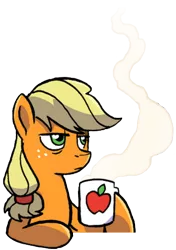 Size: 337x478 | Tagged: safe, artist:tonyfleecs, edit, idw, applejack, earth pony, pony, spoiler:comic, spoiler:comic87, apple, cropped, food, hatless, hoof hold, lidded eyes, missing accessory, mug, reaction image, simple background, solo, stare, steam, tired, transparent background, unamused
