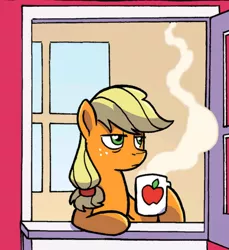 Size: 500x545 | Tagged: safe, artist:tonyfleecs, edit, idw, applejack, earth pony, pony, spoiler:comic, spoiler:comic87, apple, cropped, food, hatless, hoof hold, lidded eyes, missing accessory, mug, reaction image, solo, stare, steam, tired, unamused, window