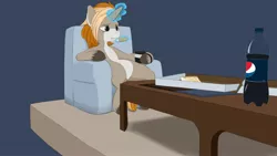 Size: 2560x1440 | Tagged: safe, artist:expression2, oc, oc:itu, unofficial characters only, pony, unicorn, armchair, chair, coffee table, drink, food, magic, male, mug, pale belly, pepsi, pizza, ponies sitting like humans, soda, solo, stallion, table, telekinesis