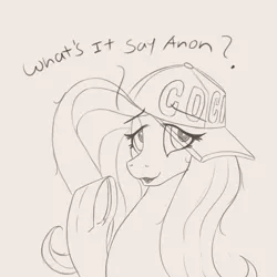 Size: 4000x4000 | Tagged: safe, artist:to_fat_to_fly, fluttershy, pegasus, pony, absurd resolution, baseball cap, cap, dialogue, female, frog (hoof), hat, hooves, image, implied anon, looking up, mare, monochrome, open mouth, png, raised hoof, simple background, solo, underhoof