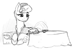 Size: 2330x1562 | Tagged: safe, artist:anearbyanimal, ponerpics import, crystal pony, earth pony, pony, background pony, box, clothes, drawthread, food, hat, mail, package, pie, sketch, table, tea