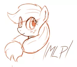 Size: 1153x1000 | Tagged: safe, artist:godoffury, ponerpics import, applejack, earth pony, pony, /mlp/, 4chan, bust, hatless, missing accessory, portrait, simple background, sketch, smiling, solo, straw in mouth, white background