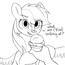 Size: 1000x1000 | Tagged: safe, artist:redruin01, ponerpics import, rainbow dash, oc, oc:anon, pegasus, pony, (you), dialogue, food, hand, ice cream, ice cream cone, ice cream on nose, lineart, looking at you, offscreen character, simple background, sketch, smiling, spread wings, white background, wings