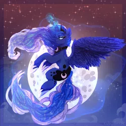 Size: 1000x1000 | Tagged: safe, artist:kashu-fox, princess luna, alicorn, pony, flight, magic, magic aura, moon, solo, stars