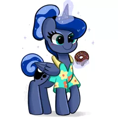 Size: 3723x3900 | Tagged: safe, artist:kittyrosie, princess luna, alicorn, pony, between dark and dawn, alternate hairstyle, blushing, clothes, cute, donut, female, food, glowing horn, hair bun, high res, horn, lunabetes, magic, mare, simple background, telekinesis, white background