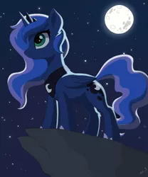 Size: 1166x1400 | Tagged: safe, artist:mercurysparkle, princess luna, alicorn, pony, chest fluff, cliff, female, full moon, leg fluff, mare, moon, night, profile, sky, solo, starry night, stars