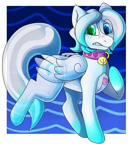 Size: 1095x1200 | Tagged: artist:icefire, clothes, collar, heterochromia, inflatable, inflatable pony, oc, oc:cold front, original species, pegasus, pooltoy pony, safe, suit, transformation, zipper