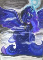 Size: 443x623 | Tagged: alicorn, artist:shadowingartist, cape, clothes, hearth's warming eve, magic, magic aura, moon, princess luna, safe, snow, solo, spread wings, wings, winter