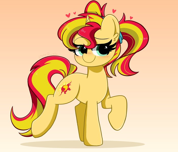 Size: 4096x3509 | Tagged: safe, artist:kittyrosie, sunset shimmer, pony, unicorn, alternate hairstyle, blushing, commission, cute, female, floating heart, gradient background, heart, high res, lidded eyes, mare, pigtails, raised hoof, raised leg, shimmerbetes, solo, twintails