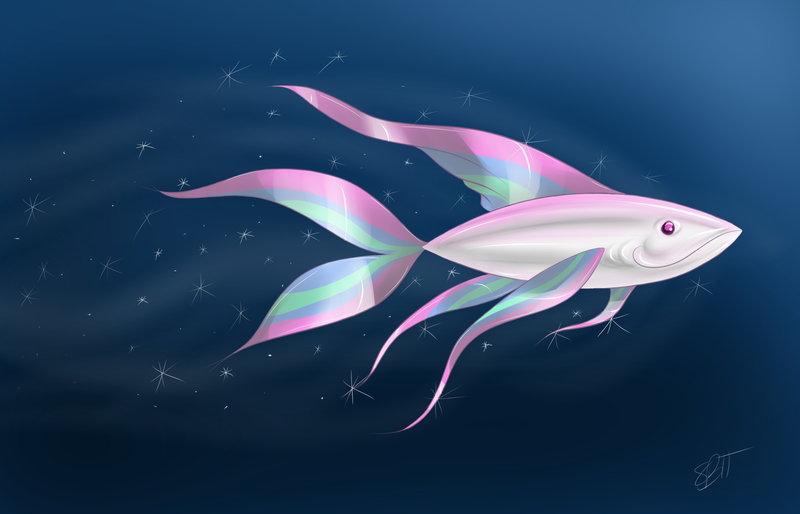 Size: 2016x1296 | Tagged: artist:8bitsofmagic, bearly pony related, fish, fishified, not salmon, princess celestia, safe, signature, solo, sparkles, species swap, tuna, underwater, wat