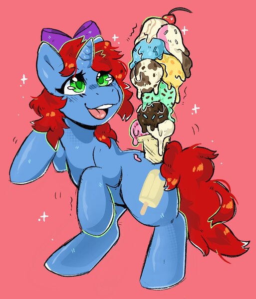 Size: 1188x1390 | Tagged: safe, artist:belovedfoxx, oc, oc:creamsicle delight, unofficial characters only, pony, unicorn, bow, cherry, cherry on top, female, food, horn, ice cream, ice cream cone, mare, open mouth, rearing, simple background, solo