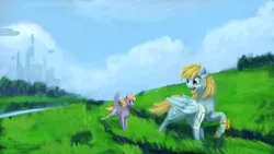 Size: 4550x2560 | Tagged: safe, artist:terrafomer, crackle pop, derpy hooves, pegasus, pony, absurd resolution, bandage, city, cityscape, cloud, derp, duo, female, field, filly, mare, signature, sky, stroll