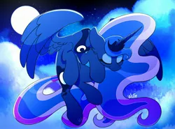 Size: 2912x2160 | Tagged: safe, artist:wutanimations, princess luna, alicorn, pony, cloud, eyes closed, female, flying, full moon, high res, mare, moon, night, sky, solo, spread wings, stars, wings