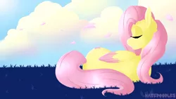 Size: 1920x1080 | Tagged: safe, artist:nate-doodles, fluttershy, pegasus, pony, cherry blossoms, eyes closed, female, flower, flower blossom, lying down, mare, side, solo, wings