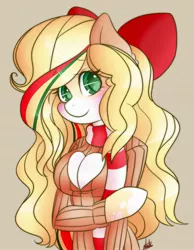 Size: 2268x2918 | Tagged: suggestive, artist:nate-doodles, oc, oc:hollie, unofficial characters only, anthro, earth pony, unguligrade anthro, blushing, bow, breasts, cleavage, clothes, female, image, jpeg, open-chest sweater, scarf, solo, sweater, turtleneck