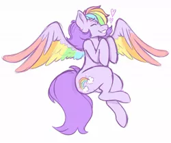 Size: 1228x1029 | Tagged: safe, artist:toomywoo, oc, unofficial characters only, pegasus, pony, eyes closed, female, heart, mare, multicolored hair, rainbow feathers, rainbow hair, simple background, smiling, solo, spread wings, white background, wings