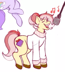 Size: 1005x1105 | Tagged: safe, artist:toomywoo, oc, oc:red rose, unofficial characters only, earth pony, pegasus, pony, clothes, eyes closed, female, hooves, mare, microphone, music notes, open mouth, simple background, singing, solo focus, sweater, turtleneck, white background