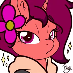 Size: 1000x1000 | Tagged: safe, artist:nate-doodles, oc, unofficial characters only, pony, unicorn, clothes, coat, female, flower, flower in hair, horn, lidded eyes, looking at you, mare, simple background, solo, sparkles, white background