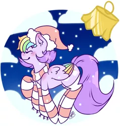 Size: 3355x3540 | Tagged: safe, artist:nate-doodles, oc, unofficial characters only, pegasus, pony, christmas, clothes, cloud, female, hat, holiday, mare, multicolored hair, rainbow feathers, rainbow hair, santa hat, scarf, snow, snowfall, socks, solo, striped socks, thigh highs